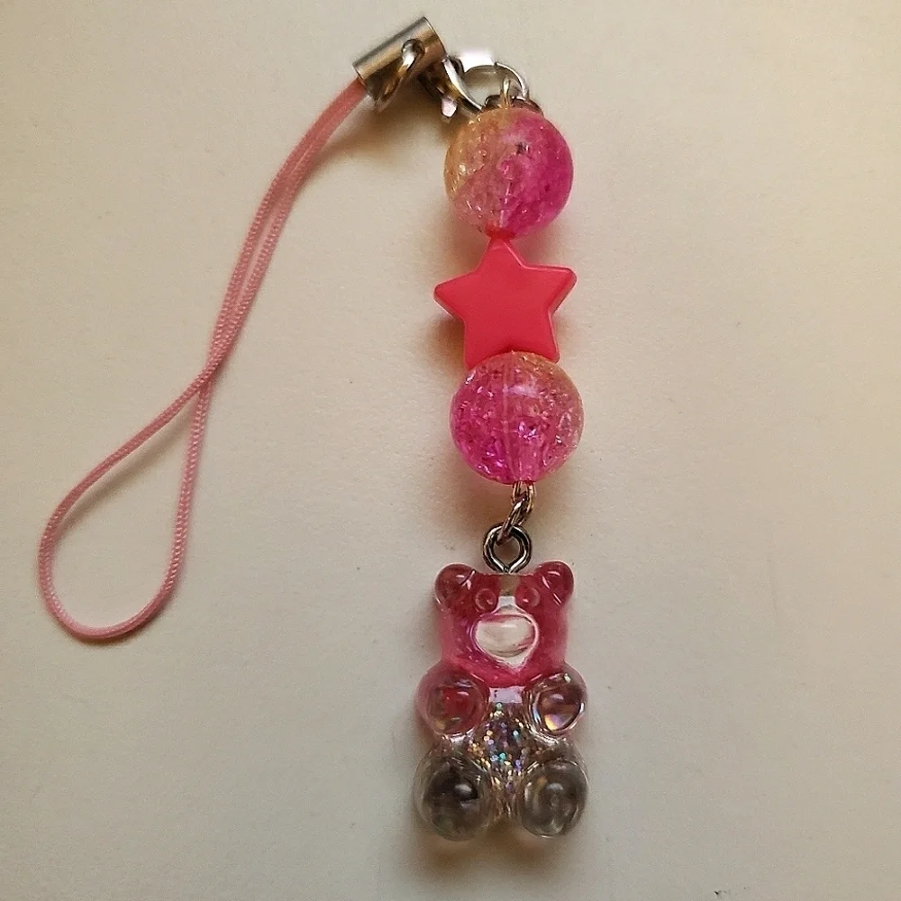 Handmade Silver Pink Ombre Glitter Gummy Bear Keychain Phone Charm